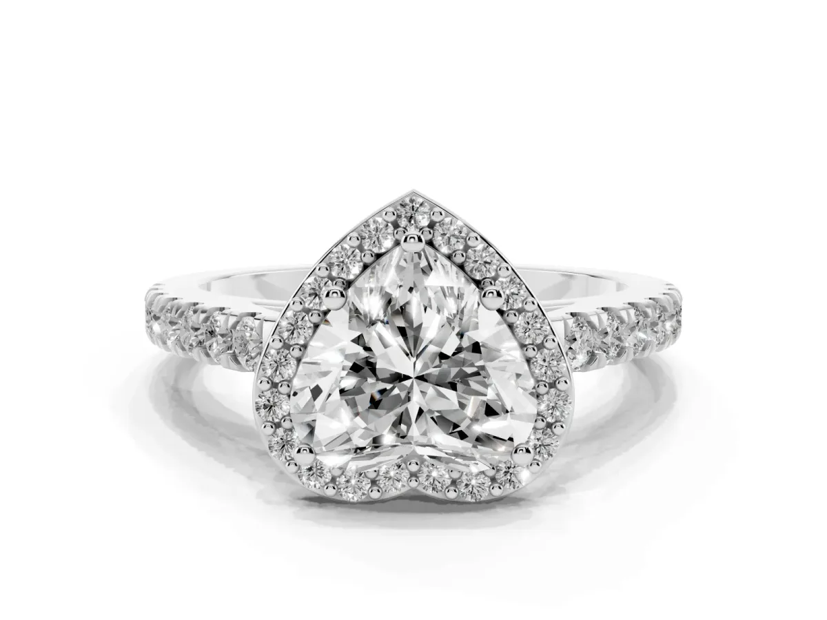 Heart Cut Cut Halo Diamond Engagement Ring with Pave Band and Four-Prong Setting White gold