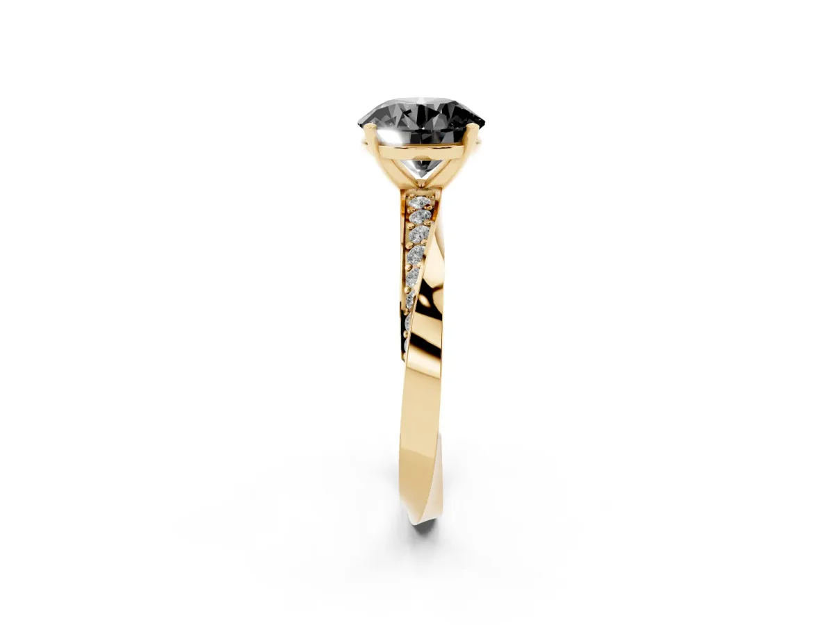Fancy Black Round Cut Diamond Engagement Ring with Side Stone Accents and Four-Prong Setting Yellow gold