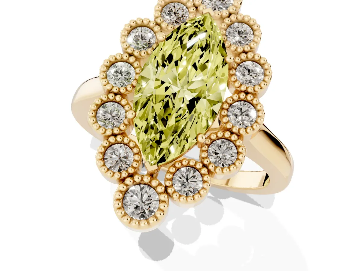 Fancy Yellow Marquise Cut Halo Diamond Cluster Engagement Ring with Milgrain Bezel Setting and Solitaire Band Yellow gold