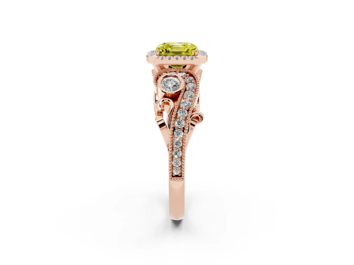 Fancy Yellow Asscher Cut Diamond Halo Ring with Milgrain Pavé Band and Four-Prong Setting Rose gold