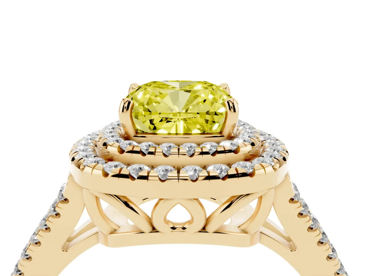 Fancy Yellow Cushion Cut Diamond Double Halo Ring with Pavé Band and Prong Setting Yellow gold