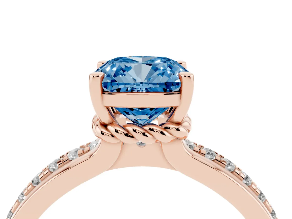 Fancy Blue Cushion Cut Solitaire Diamond Ring with Channel Set Band and Six-Prong Setting Rose gold