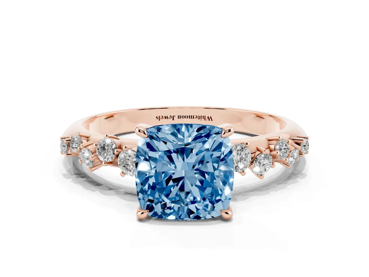 Fancy Blue Cushion Cut Diamond Cluster Side Stone Solitaire Ring with Prong Setting Rose gold