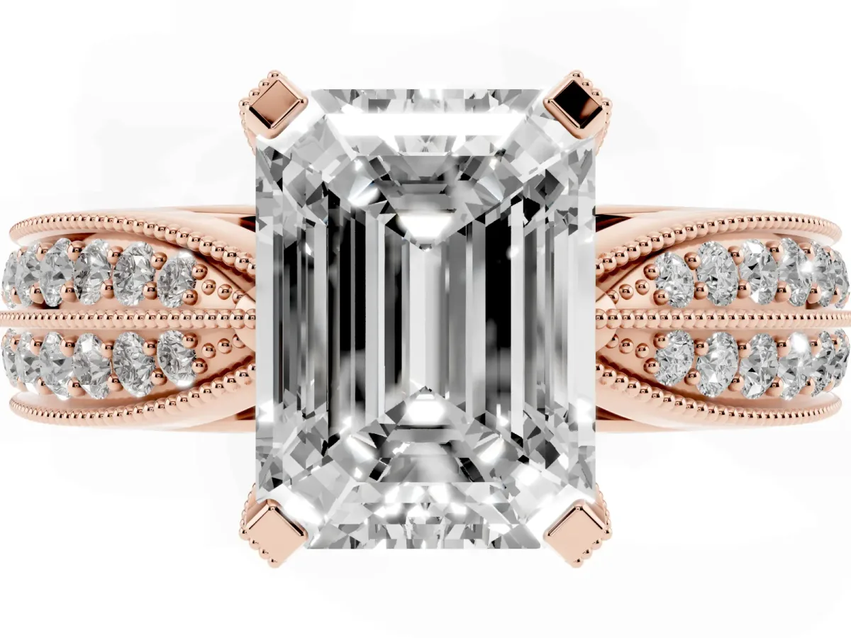 Emerald Cut Diamond Solitaire Ring with Milgrain Round Pavé Band and Prong Setting Rose gold