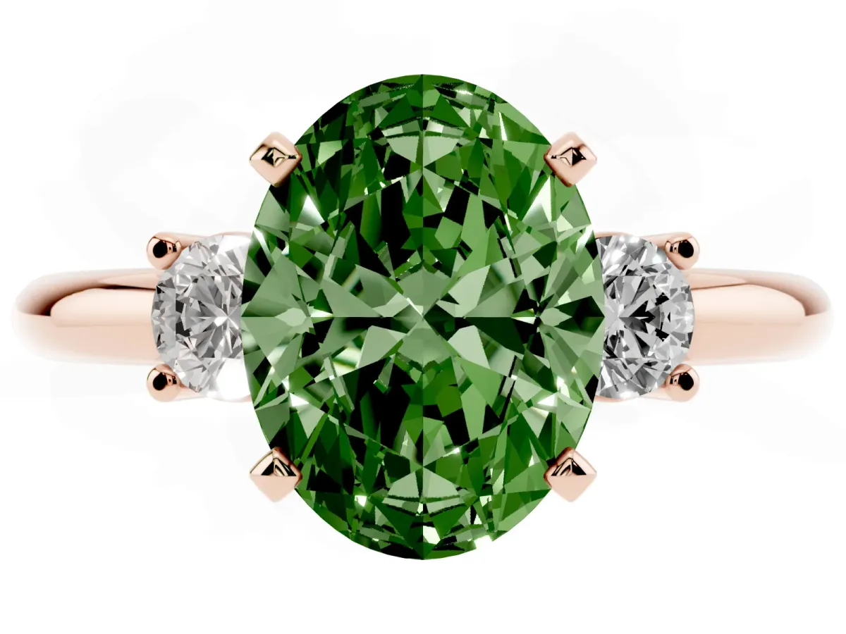 Fancy Green Three-Stone Oval Cut Cut Diamond Solitaire with Prong Setting and Classic Band Rose gold