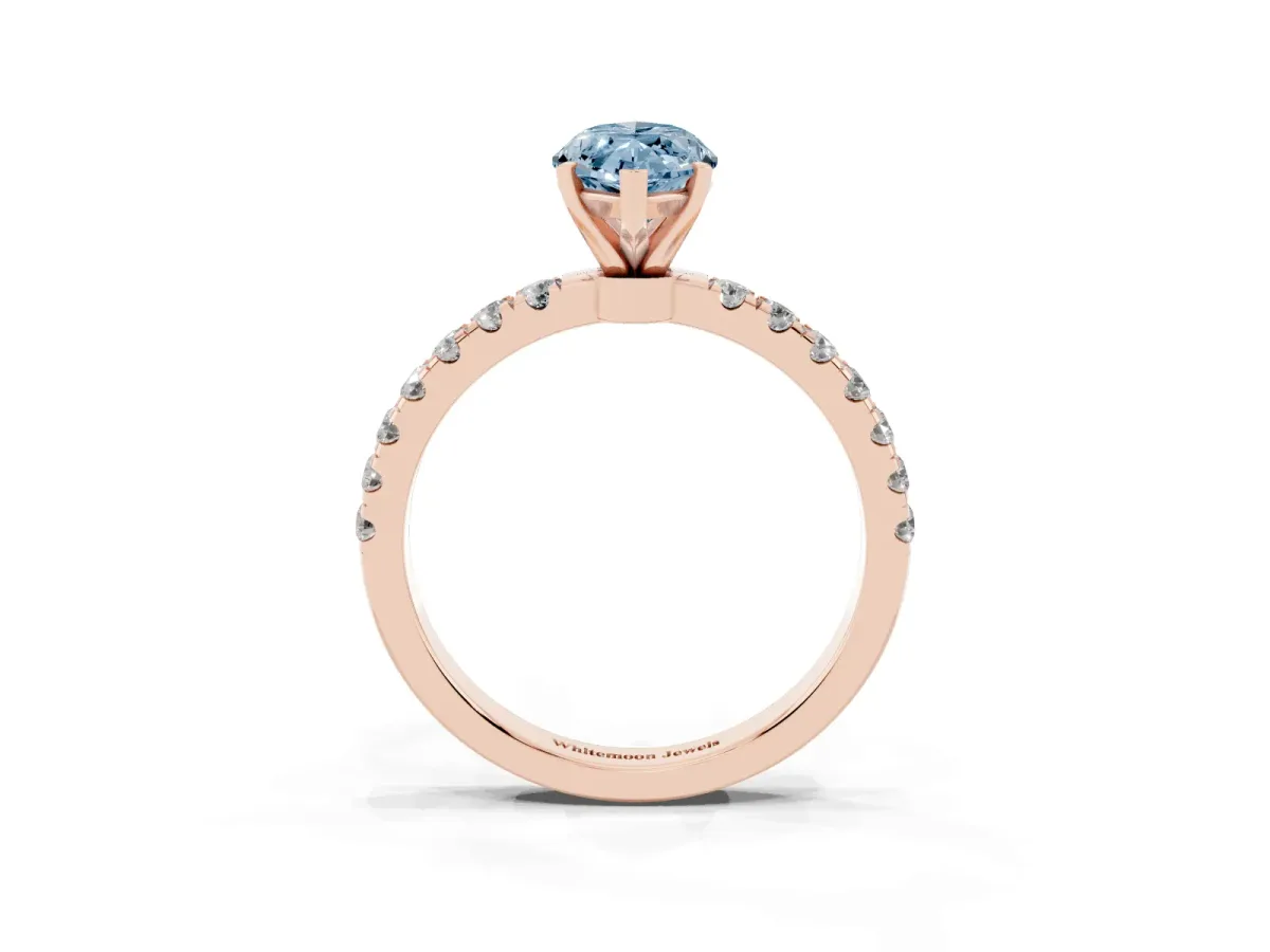Fancy Blue Marquise Cut Diamond Solitaire Ring with Pavé Accents and Four-Prong Setting Rose gold
