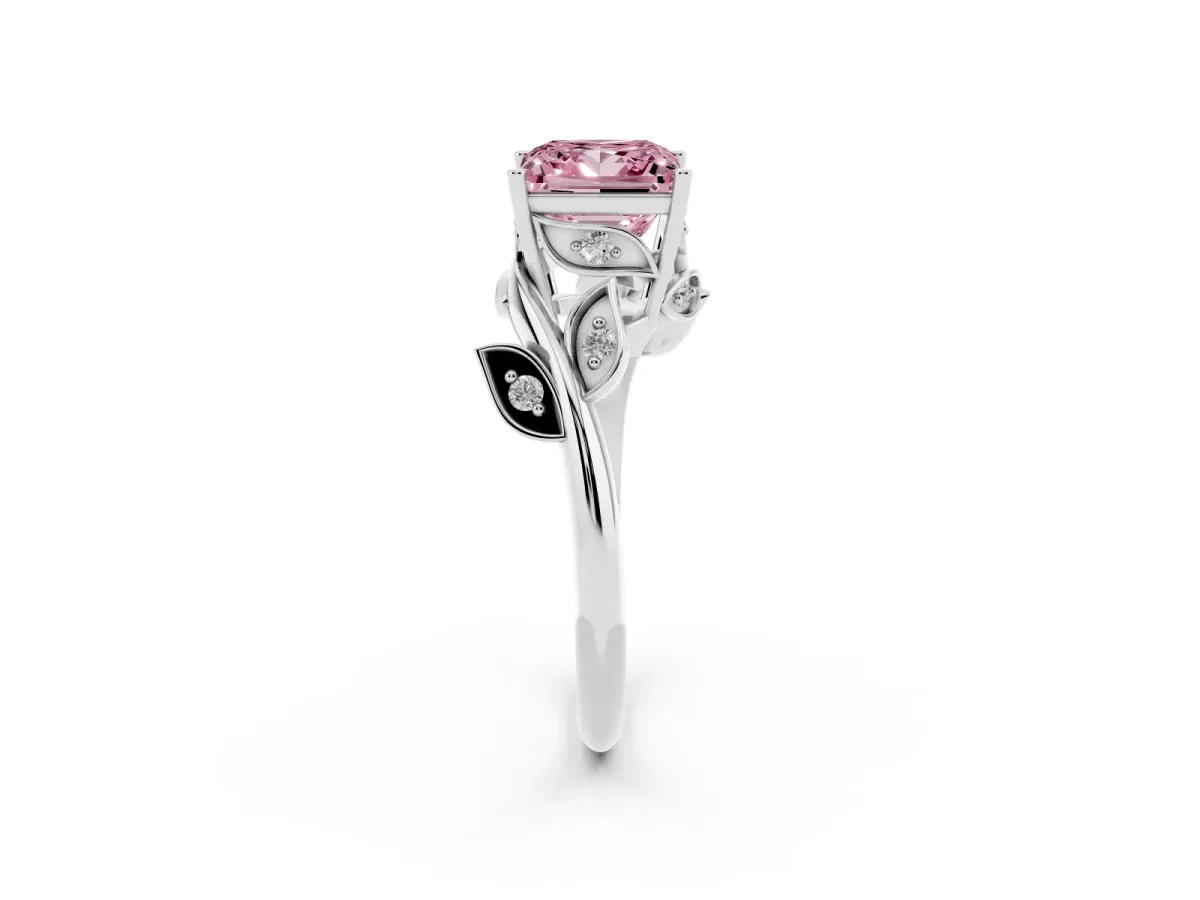 Fancy Pink Princess Cut Solitaire Twist Engagement Ring with Leaf Accents and Prong Setting Silver