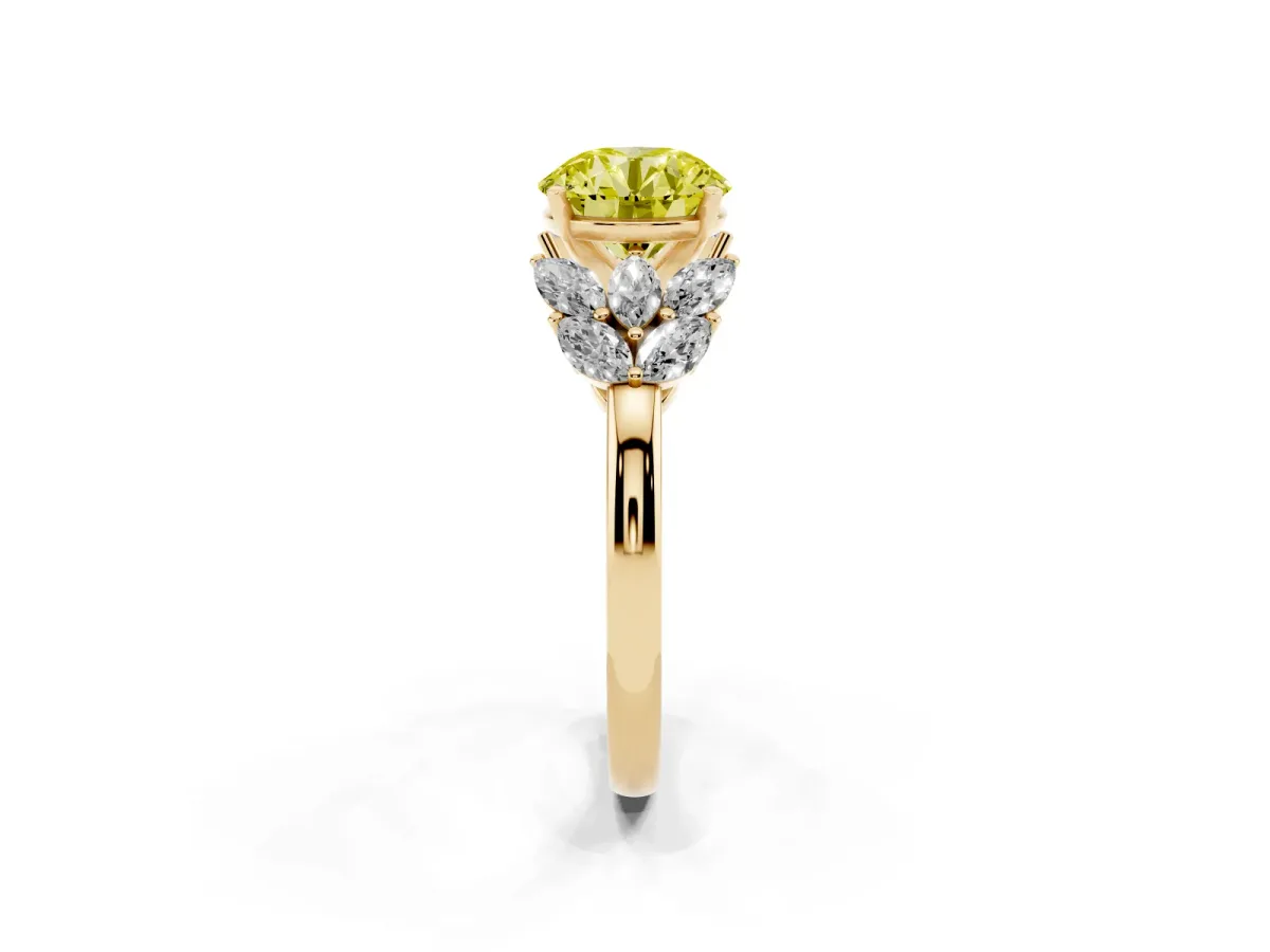 Fancy Yellow Round Cut Diamond Cluster Leaf Design Ring with Prong Setting Yellow gold