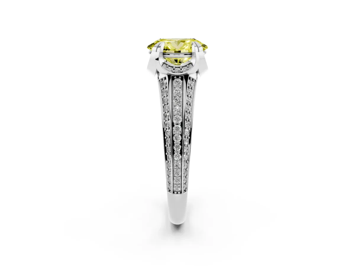 Fancy Yellow Oval Cut Solitaire Pave Split Shank Ring with Four-Prong Setting Platinum