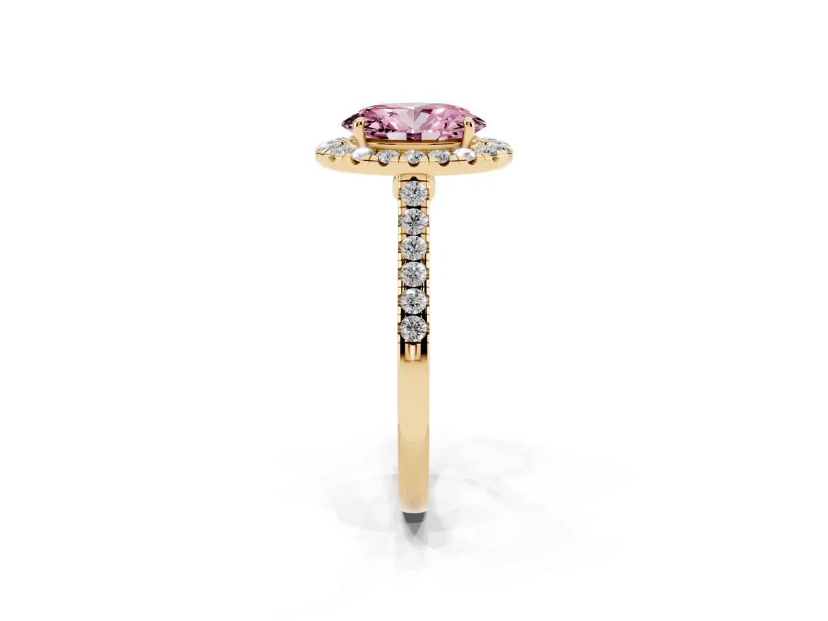 Fancy Pink Oval Cut Halo Pave Diamond Engagement Ring with Four-Prong Setting Yellow gold