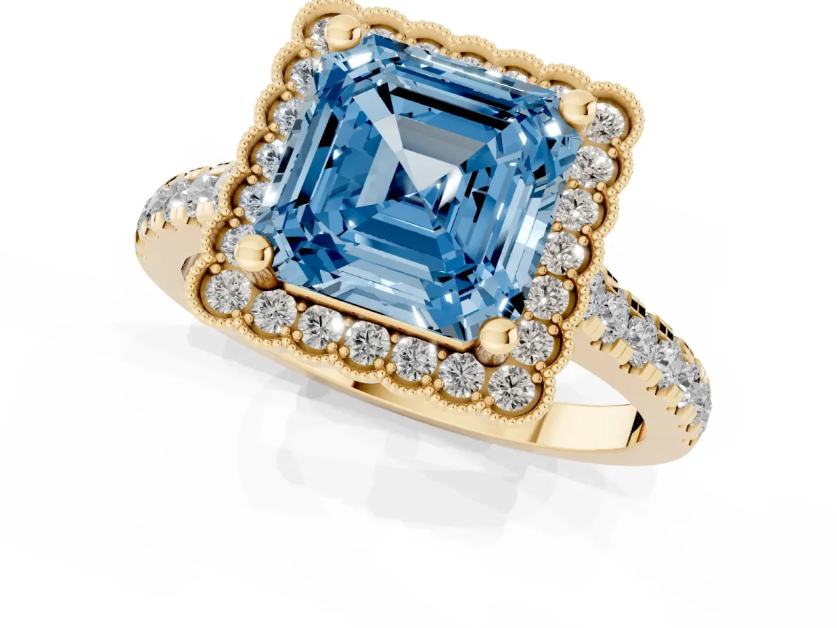 Fancy Blue Asscher Cut Cut Diamond Milgrain Floral Halo Engagement Ring with Pavé Band Yellow gold