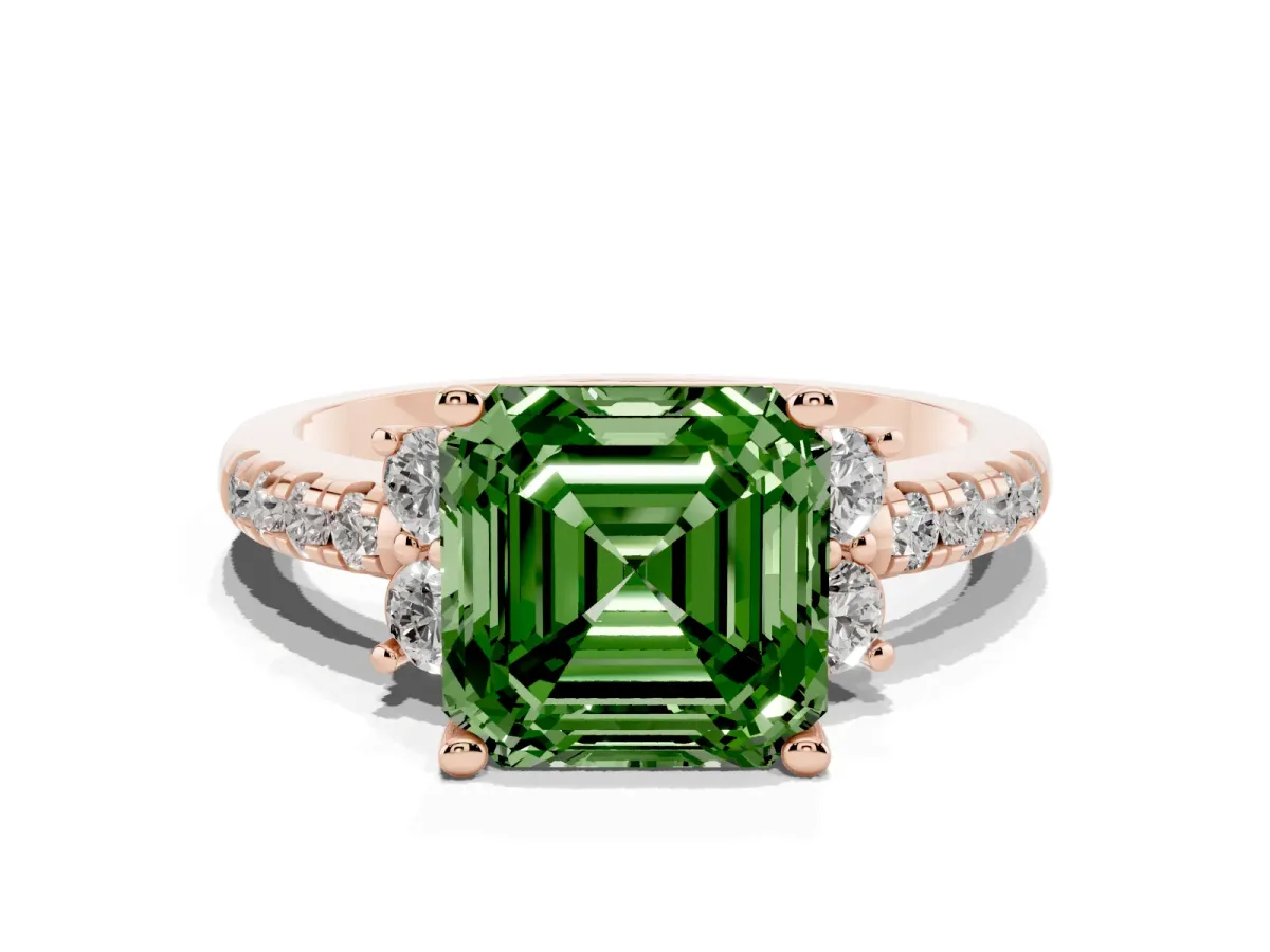 Fancy Green Asscher Cut Diamond Three-Stone Pave Band with Four-Prong Setting Rose gold