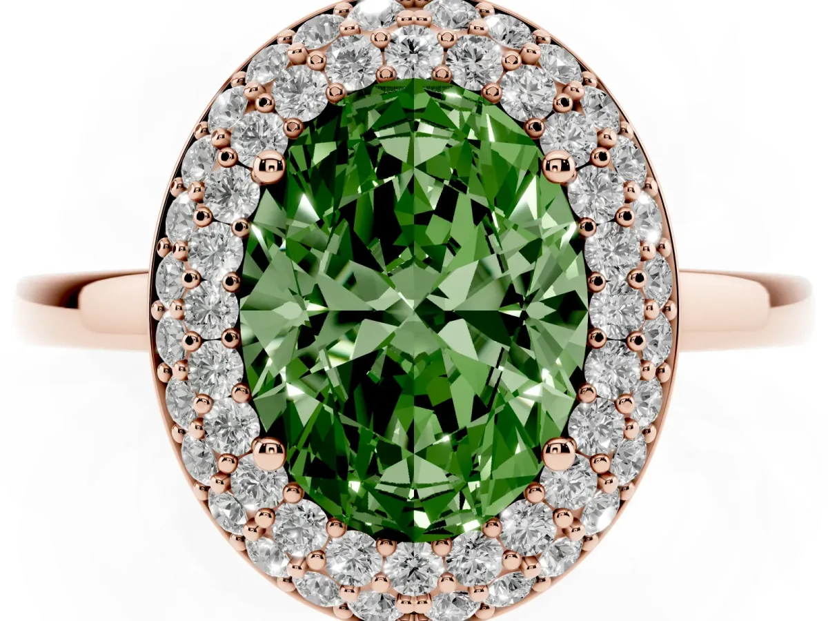 Fancy Green Oval Cut Halo Diamond Engagement Ring with Solitaire Band and Four-Prong Setting Rose gold