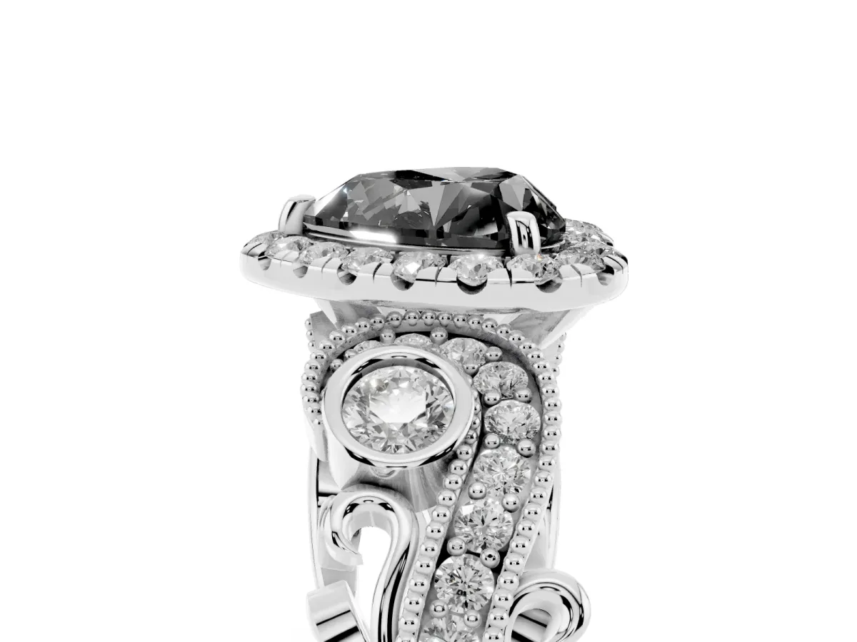 Fancy Black Heart Cut Halo Diamond Ring with Milgrain and Bezel Accents on a Split Shank Band White gold