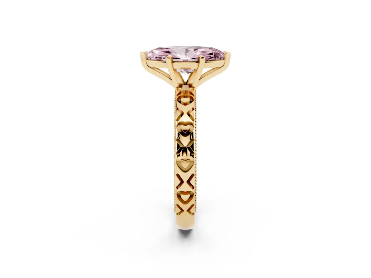 Fancy Pink Marquise Cut Solitaire Diamond Engagement Ring with XO Engraved Band and Four-Prong Setting Yellow gold
