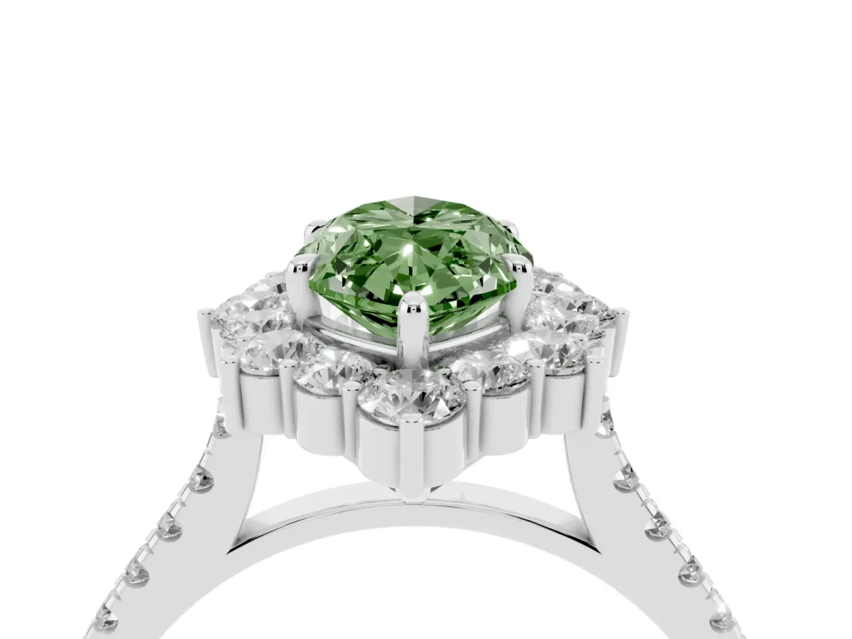 Fancy Green Marquise Cut Halo Diamond Ring with Pavé Band and Prong Setting Silver