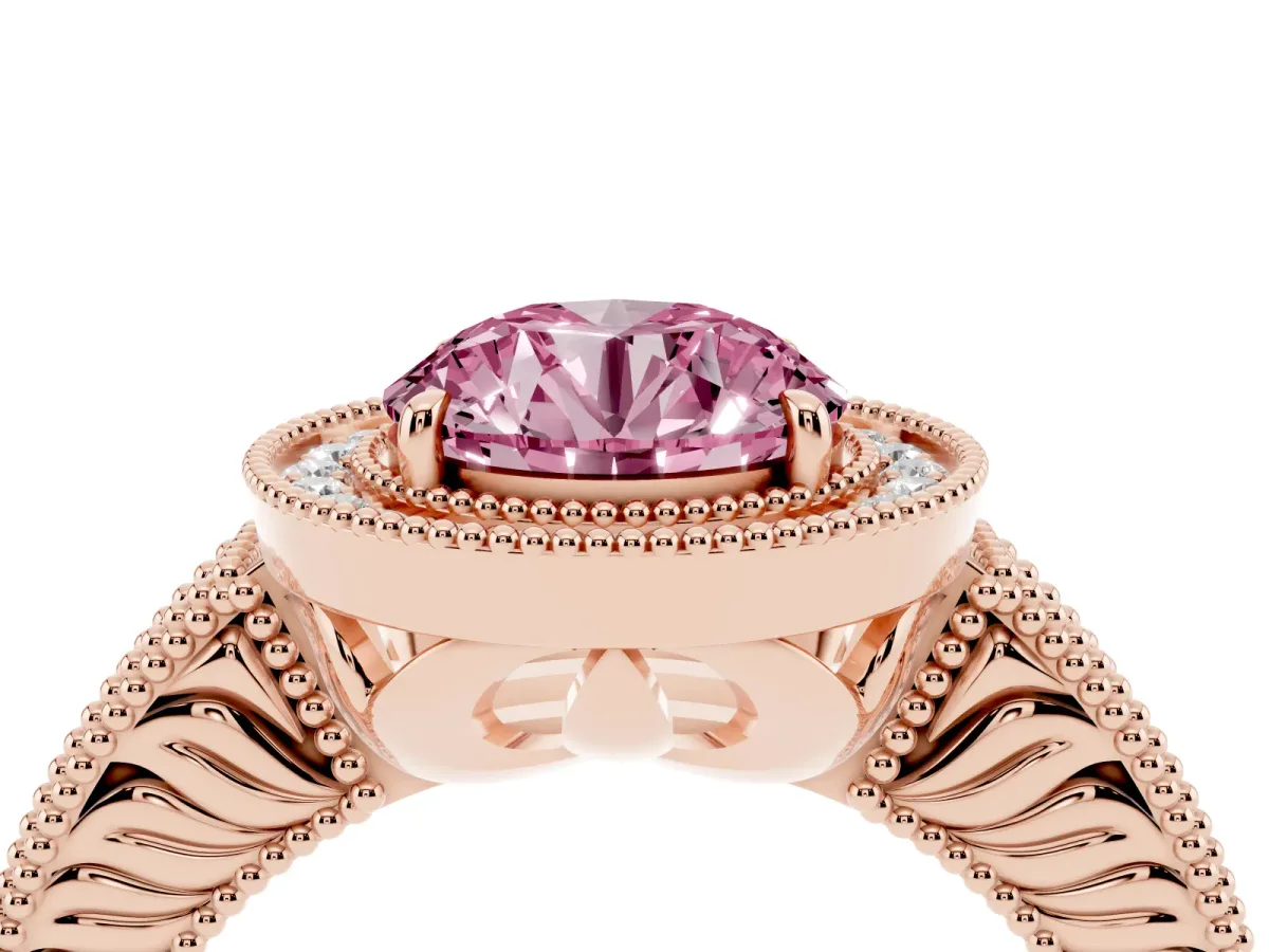 Fancy Pink Round Cut Cut Halo Diamond Ring with Pavé Band and Four-Prong Setting Rose gold