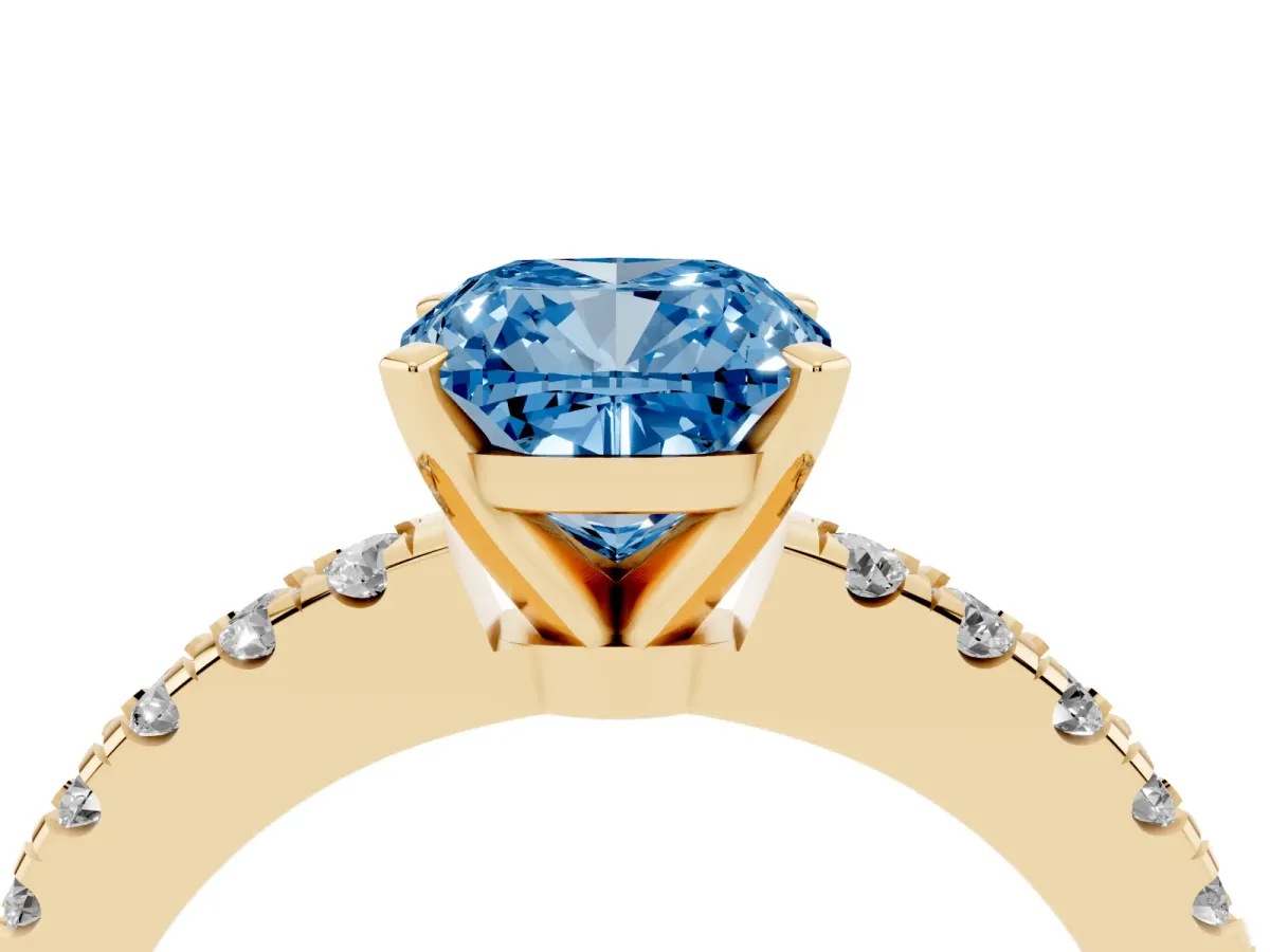 Fancy Blue Cushion Cut Solitaire Diamond with Pavé Band and Four-Prong Setting Yellow gold