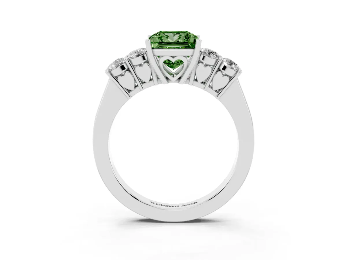 Fancy Green Princess Cut Cut Diamond Five-Stone Prong Set White Gold Ring Silver