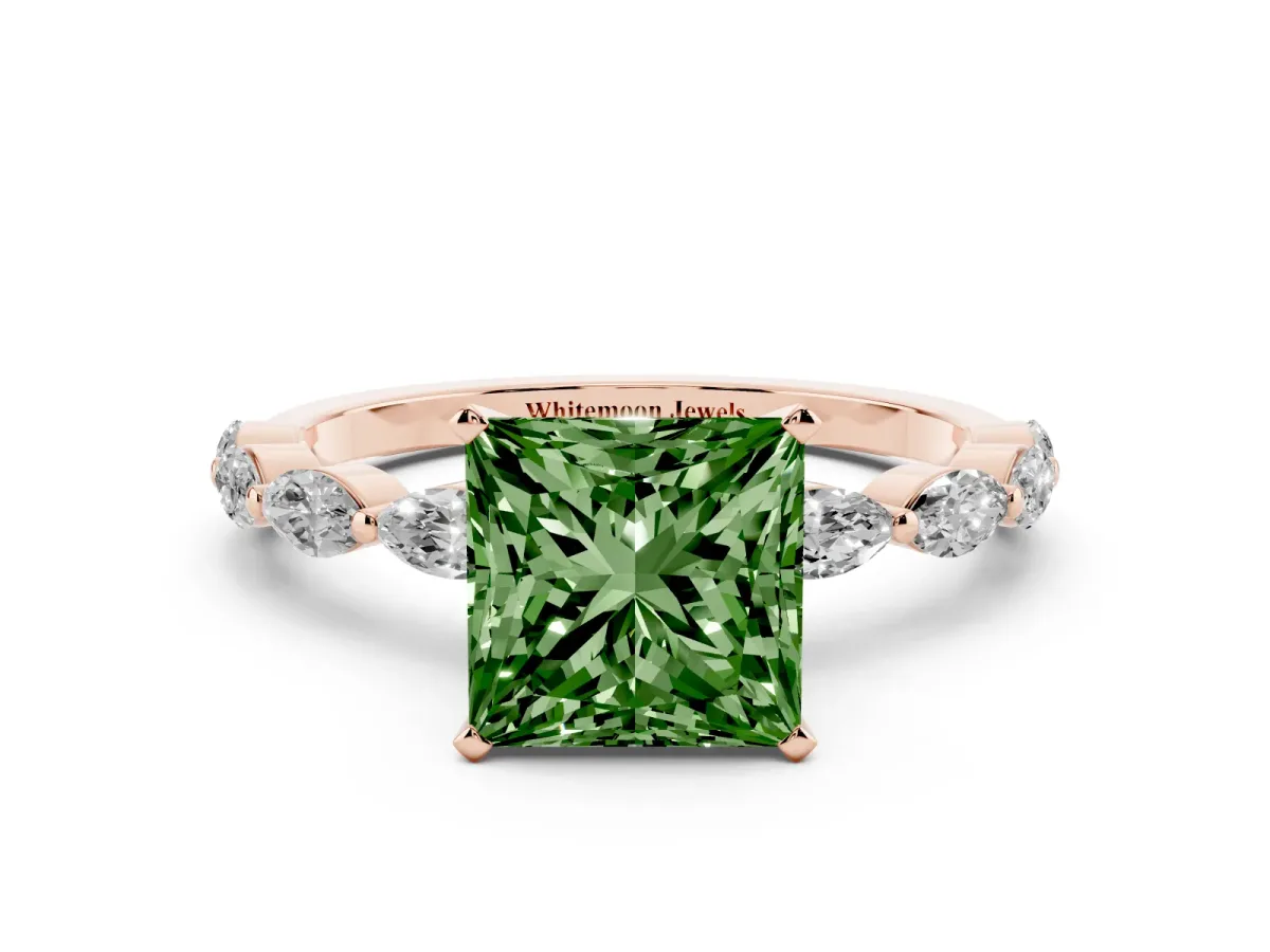 Fancy Green Princess Cut Diamond Ring with Marquise Side Stones and Prong Setting Rose gold