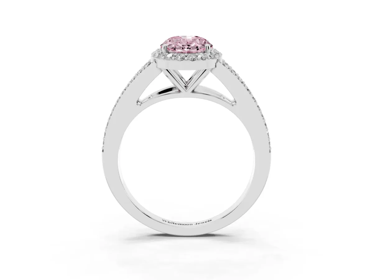 Fancy Pink Oval Cut Halo Split Shank Diamond Ring with Prong Setting Silver