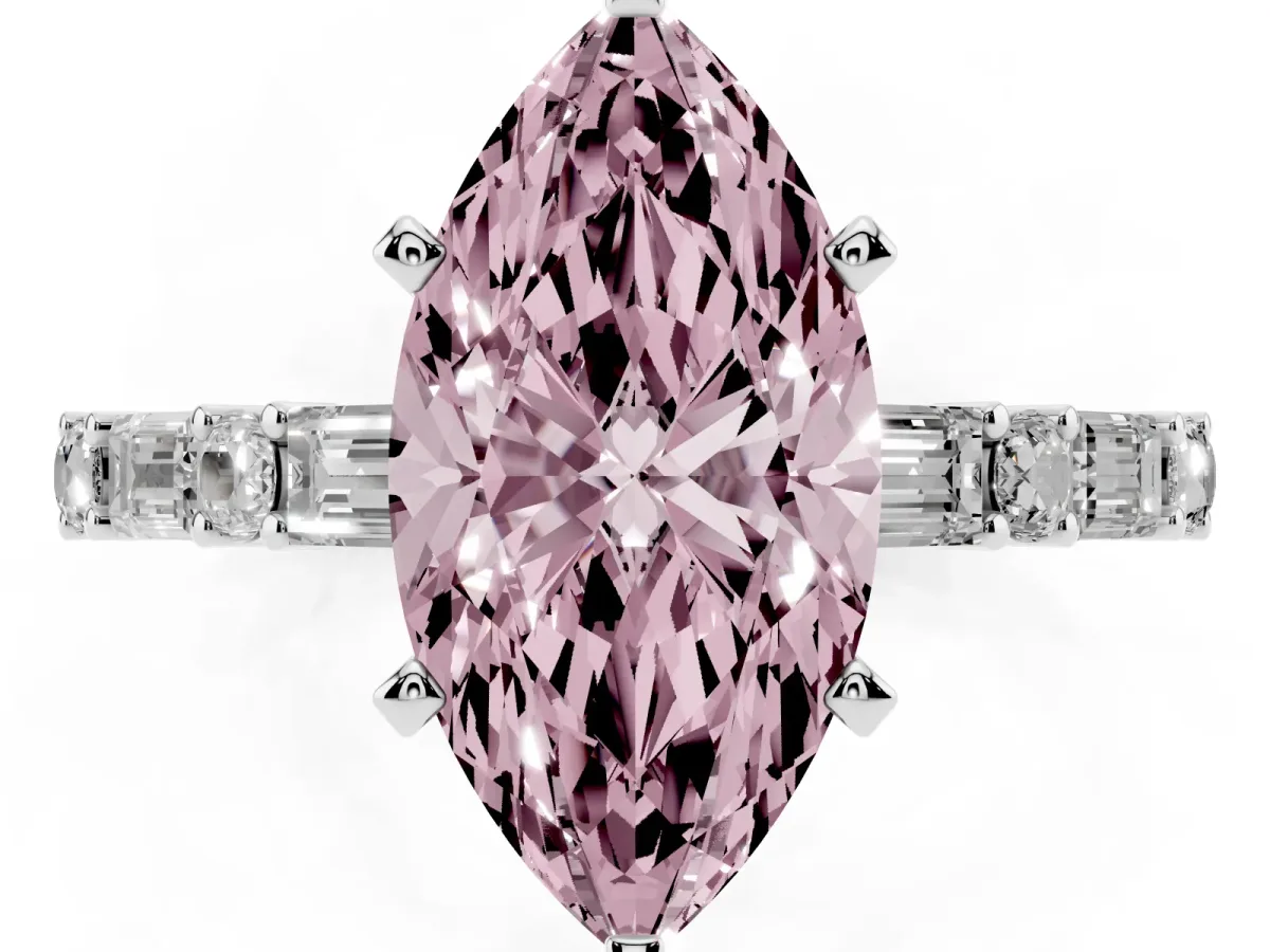 Fancy Pink Marquise Cut Diamond Solitaire with Side Baguettes and Channel Set Band Platinum
