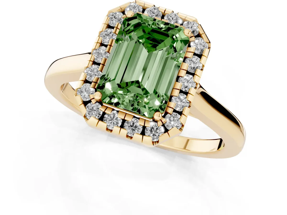 Fancy Green Emerald Cut Halo Round Diamond Solitaire Ring with Pavé Band and Four-Prong Setting Yellow gold