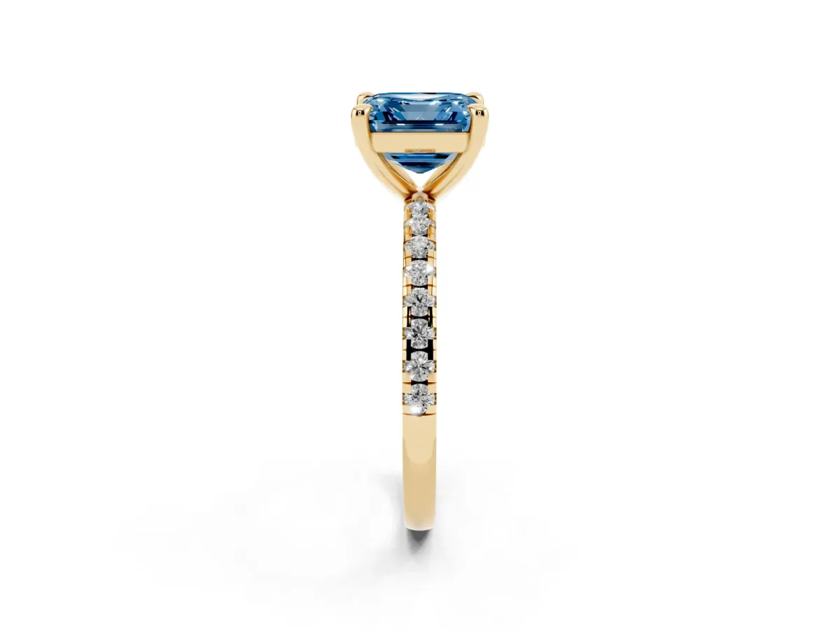 Fancy Blue Asscher Cut Diamond Brilliant Solitaire Ring with Pavé Band and Four-Prong Setting Yellow gold