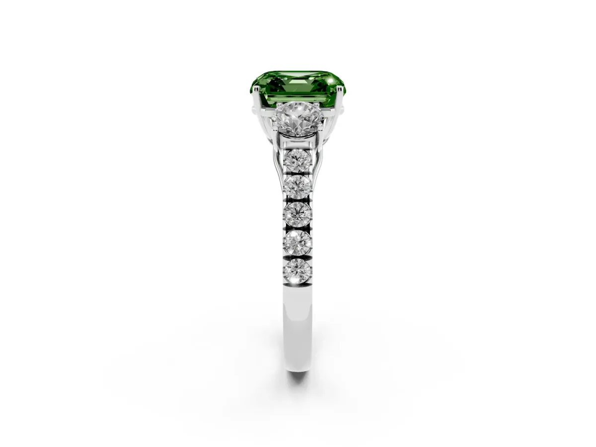 Fancy Green Asscher Cut Cut Diamond Three-Stone Ring with Round Side Stones and Pavé Band Platinum