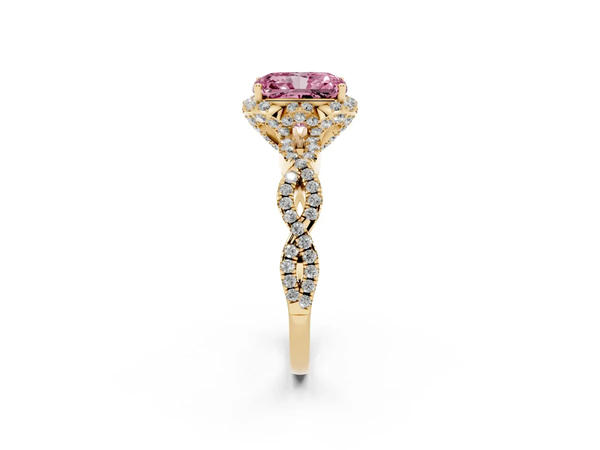 Fancy Pink Radiant Cut Halo Twist Band Solitaire Ring with Six-Prong Setting Yellow gold