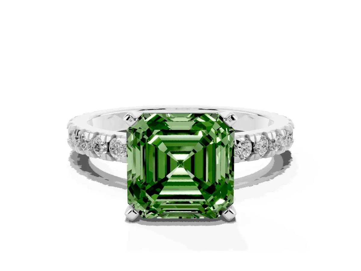 Fancy Green Asscher Cut Diamond Pavé Band Solitaire with Four-Prong Setting Silver