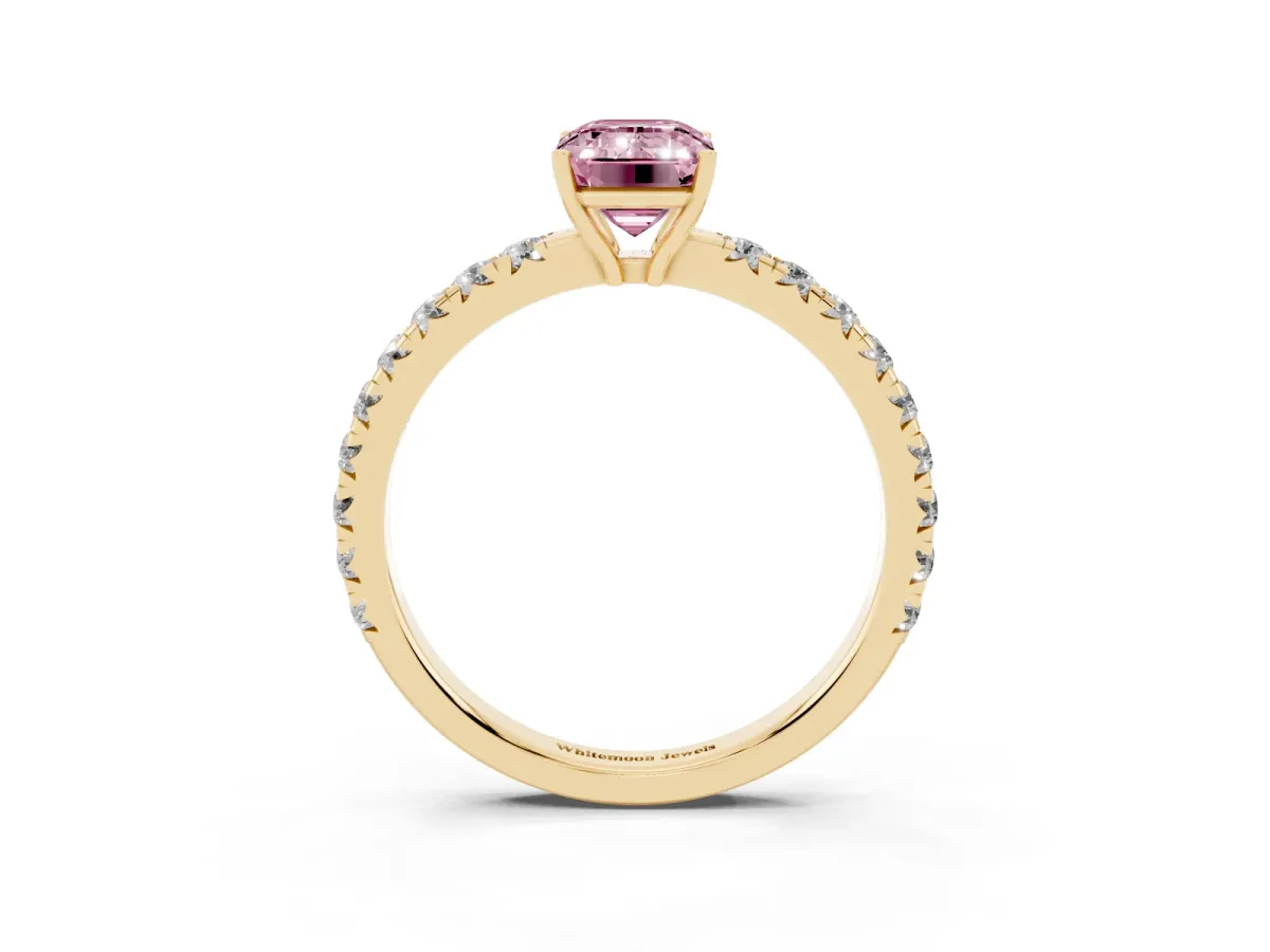 Fancy Pink Emerald Cut Diamond Pavé Solitaire Engagement Ring with Four-Prong Setting Yellow gold