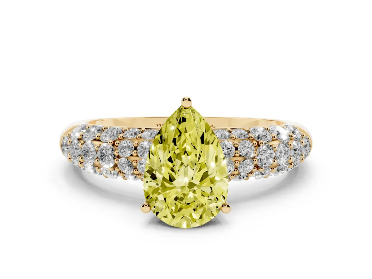 Fancy Yellow Pear Cut Diamond Pavé Band Solitaire Ring with Four-Prong Setting Yellow gold