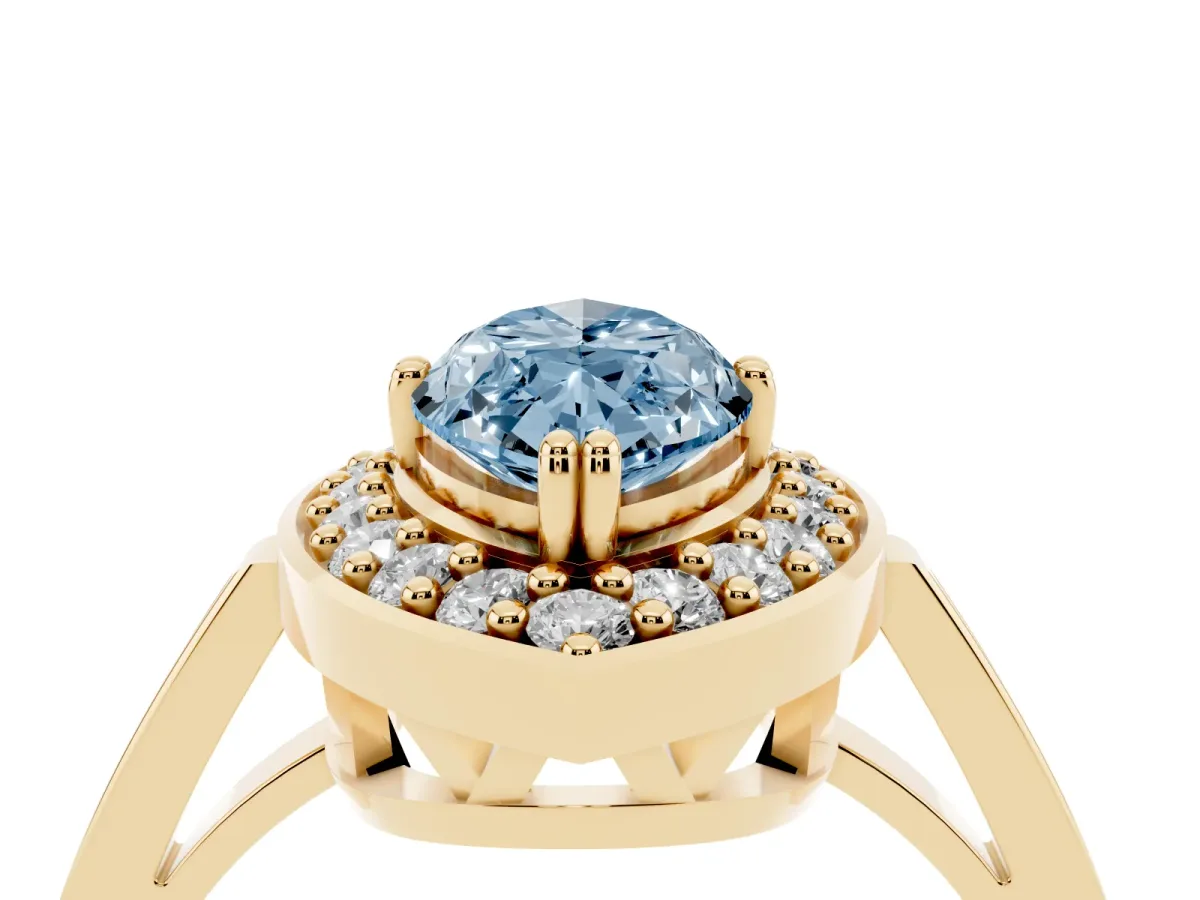 Fancy Blue Marquise Cut Diamond Halo Ring with Split Shank and Four-Prong Setting Yellow gold
