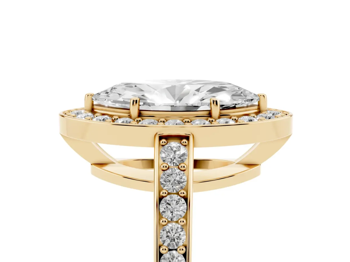Marquise Cut Halo Pavé Diamond Engagement Ring with Bezel Setting Yellow gold