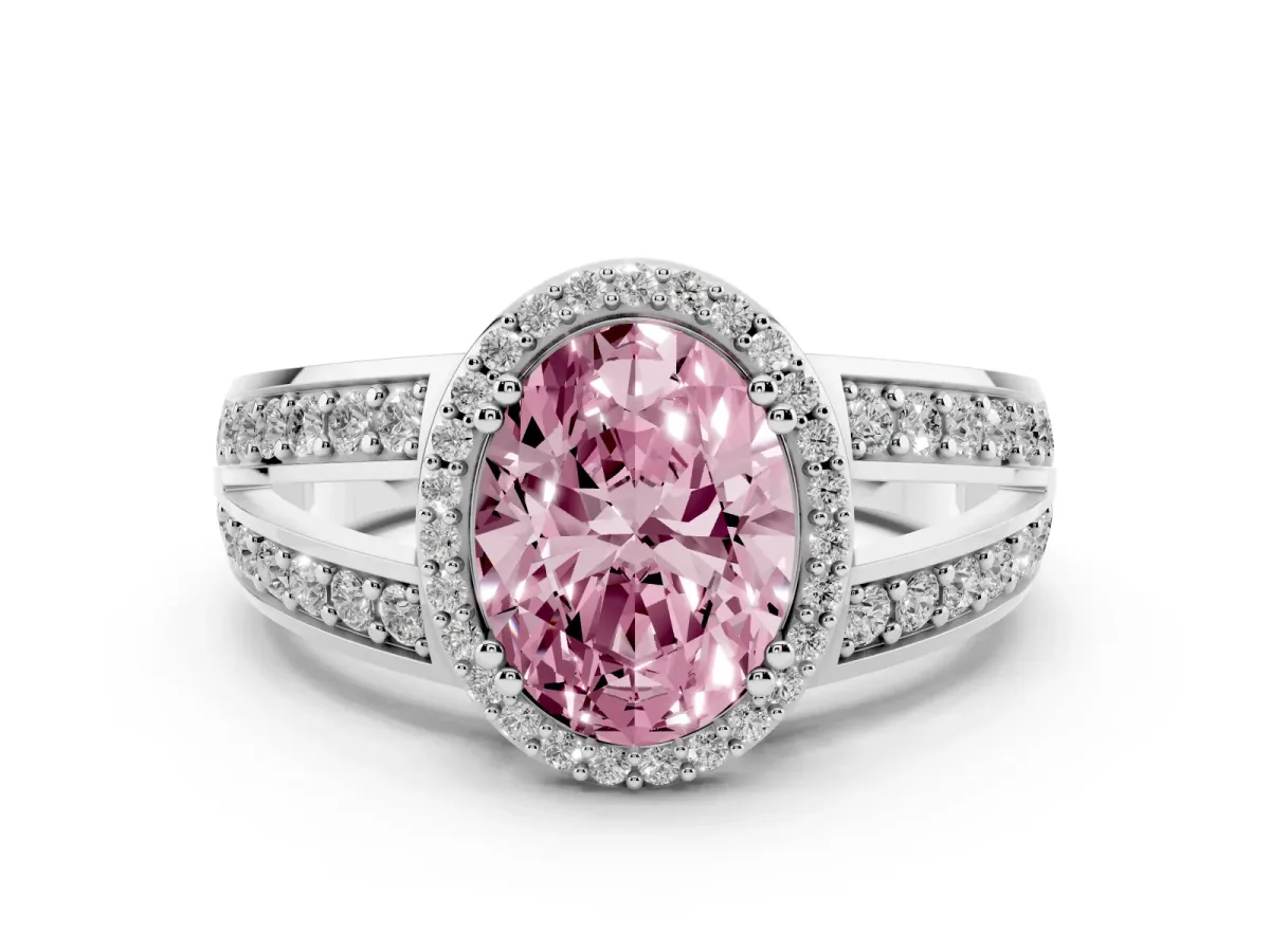 Fancy Pink Oval Cut Diamond Halo Ring with Split Shank Pavé Band and Four-Prong Setting Platinum