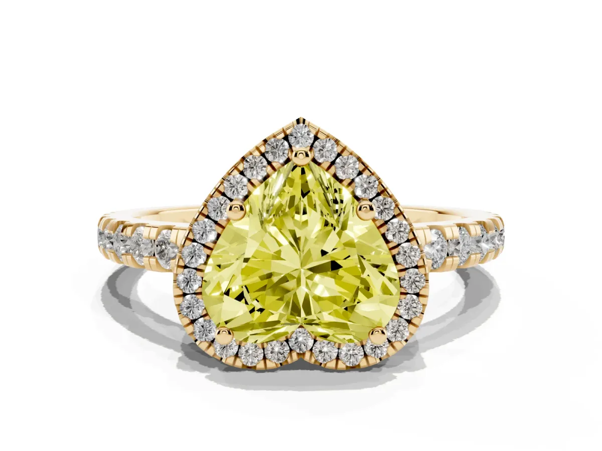 Fancy Yellow Heart Cut Diamond Halo Ring with Pavé Band and Four-Prong Setting Yellow gold