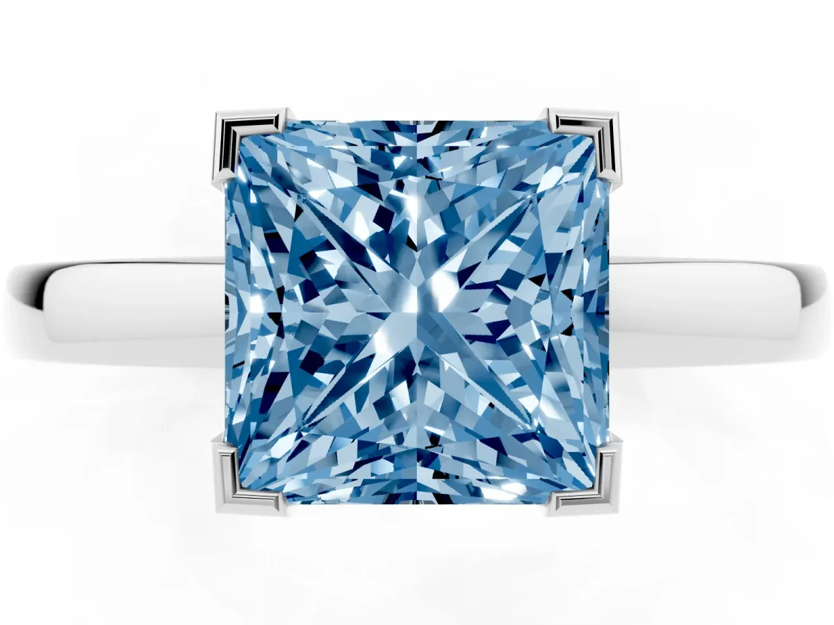 Fancy Blue Princess Cut Cut Solitaire Ring with Four-Prong Setting and Classic Band Silver