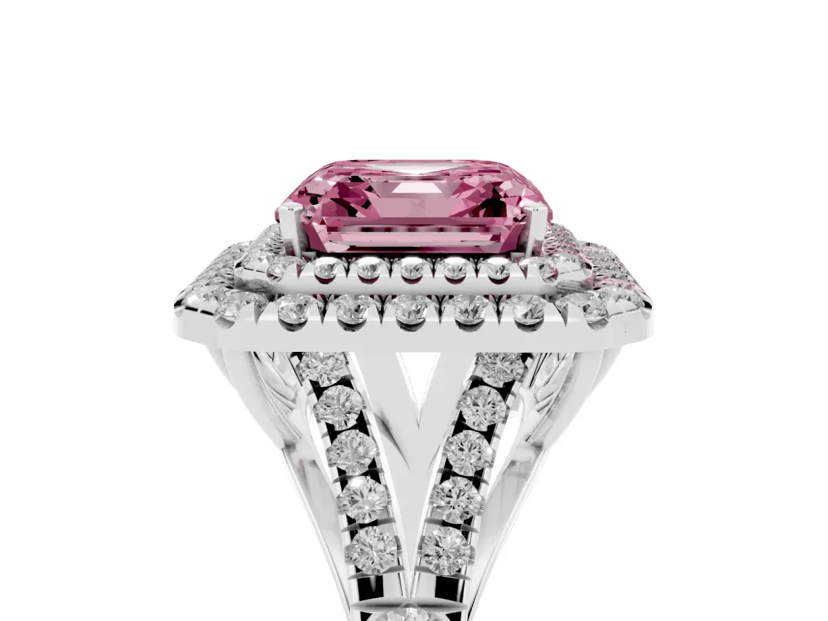 Fancy Pink Asscher Cut Cut Double Halo Split Shank Diamond Ring with Prong Setting Platinum