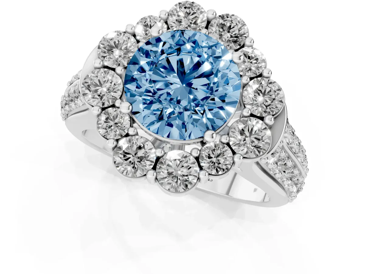 Fancy Blue Round Cut Halo Diamond Engagement Ring with Split Shank and Prong Setting Silver