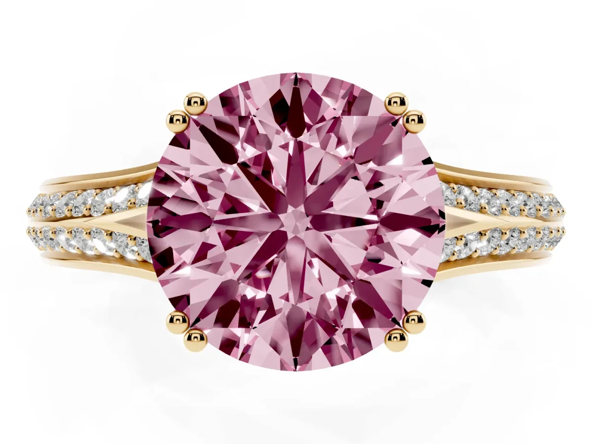 Fancy Pink Round Cut Diamond Split Shank Engagement Ring with Pavé Band Yellow gold