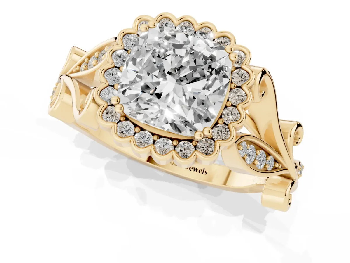 Cushion Cut Diamond Halo Ring with Vintage Split Shank and Four-Prong Setting Yellow gold