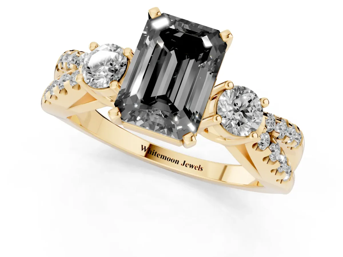 Fancy Black Emerald Cut Diamond Three-Stone Ring with Pavé Split Shank and Four-Prong Setting Yellow gold