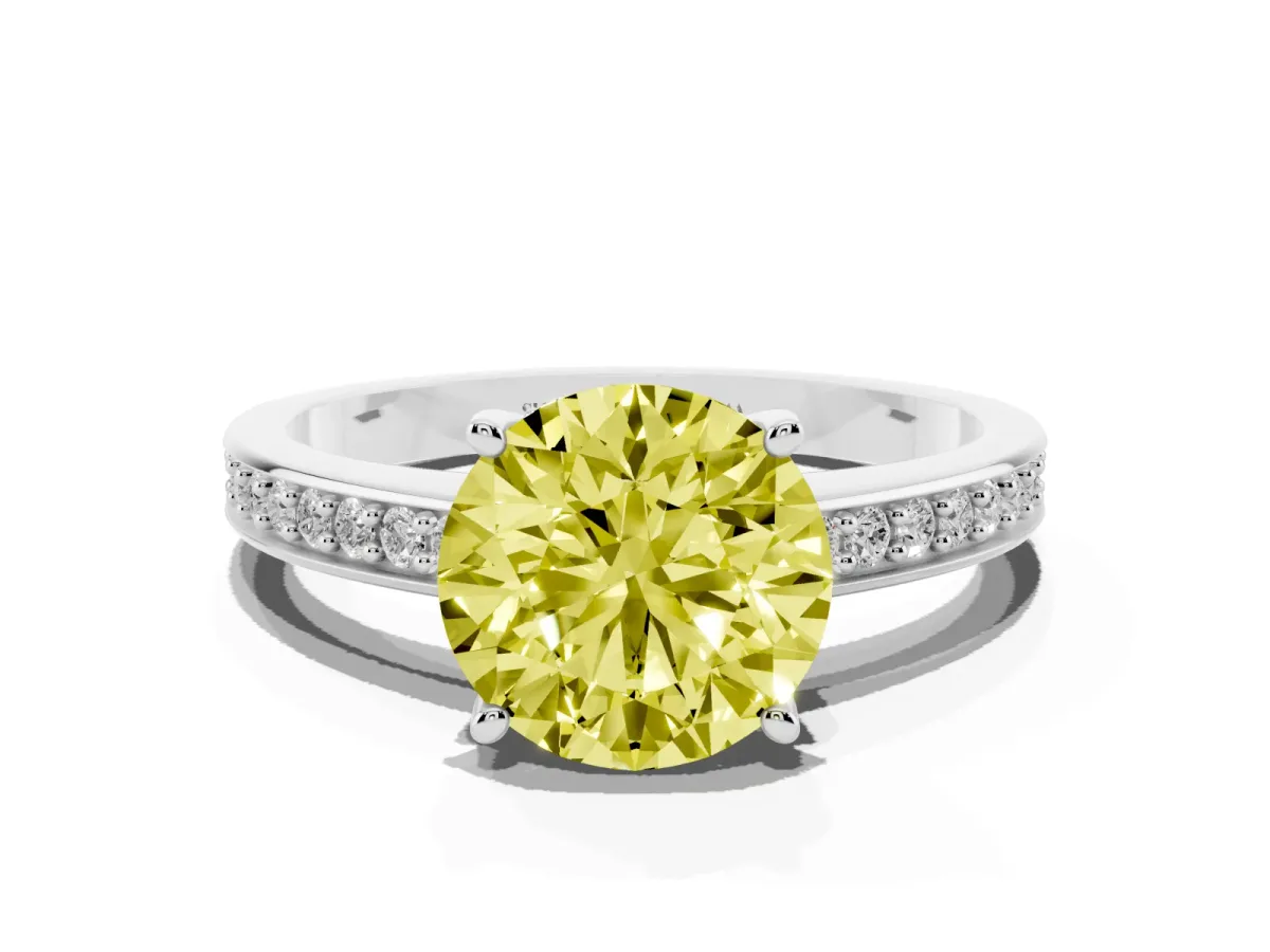 Fancy Yellow Round Cut Solitaire Pavé Band Prong Setting Ring Silver