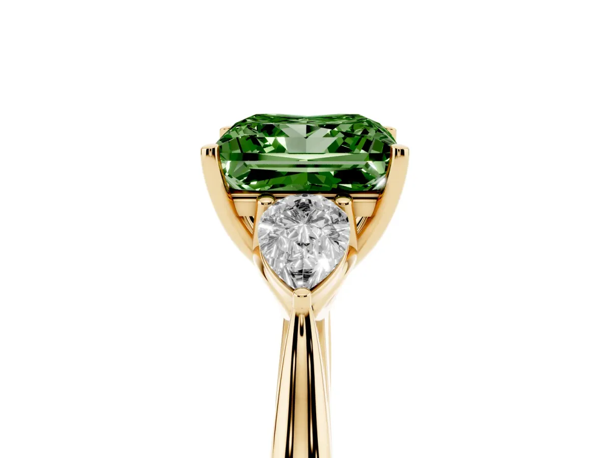 Fancy Green Princess Cut Diamond Three-Stone Ring with Pear Side Stones and Prong Setting Yellow gold