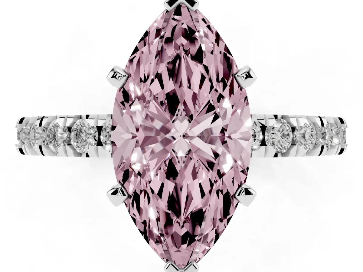 Fancy Pink Marquise Cut Diamond Pavé Band Solitaire with Four-Prong Setting Silver