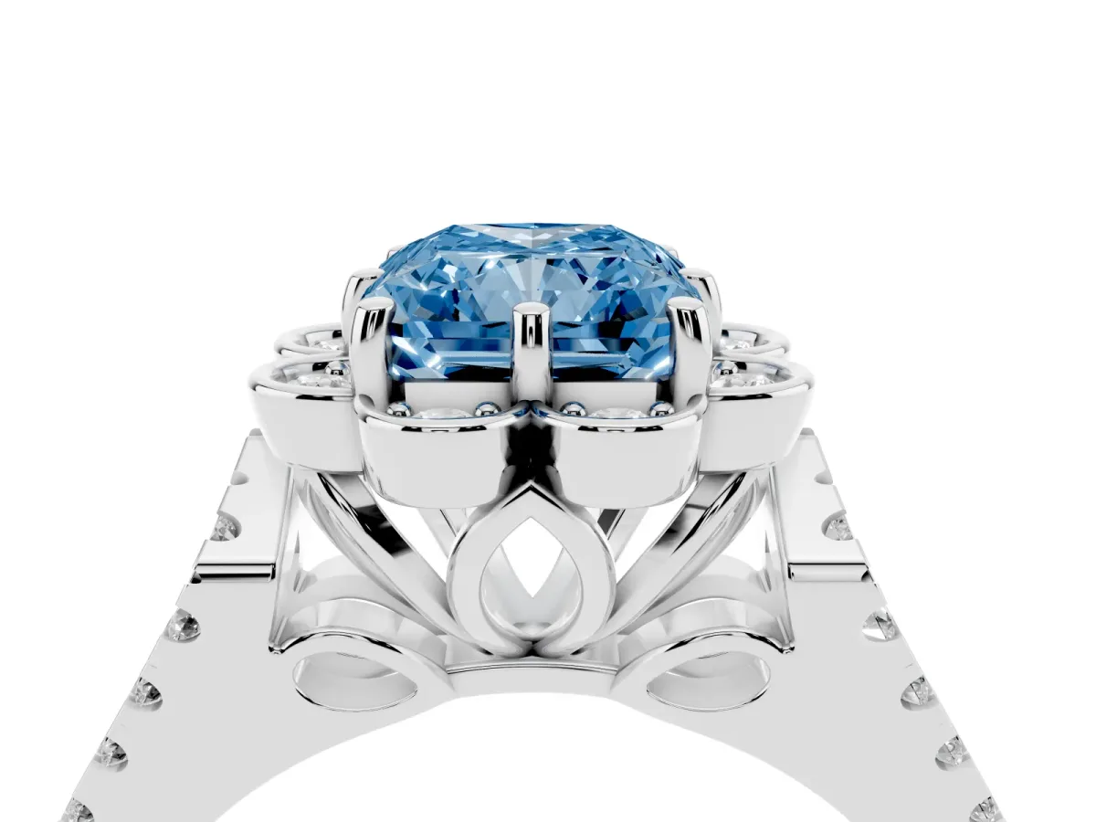 Fancy Blue Radiant Cut Halo Diamond Floral Split Shank Engagement Ring Silver