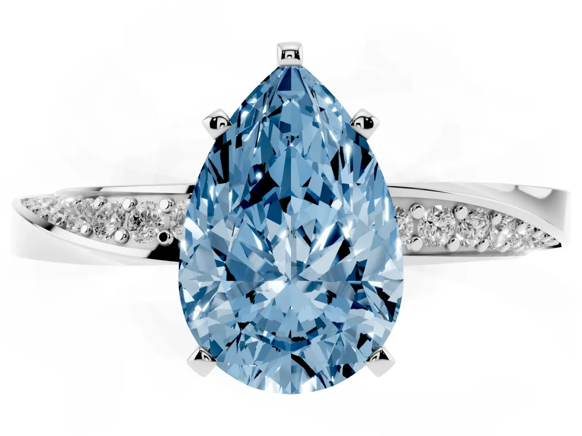 Fancy Blue Pear Cut Diamond Engagement Ring with Side Stone Accents and Four-Prong Setting Silver