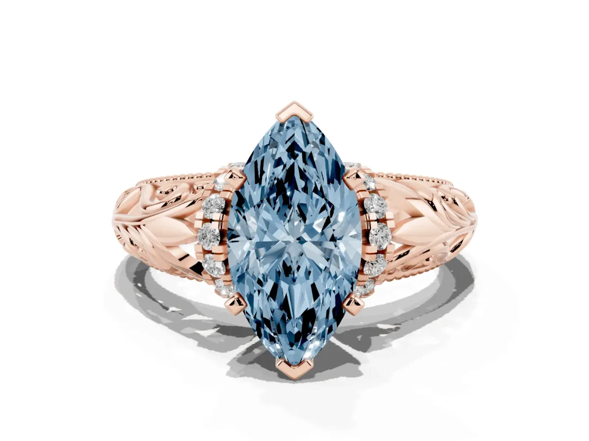Fancy Blue Marquise Cut Solitaire Filigree Engagement Ring with Halo and Prong Setting Rose gold
