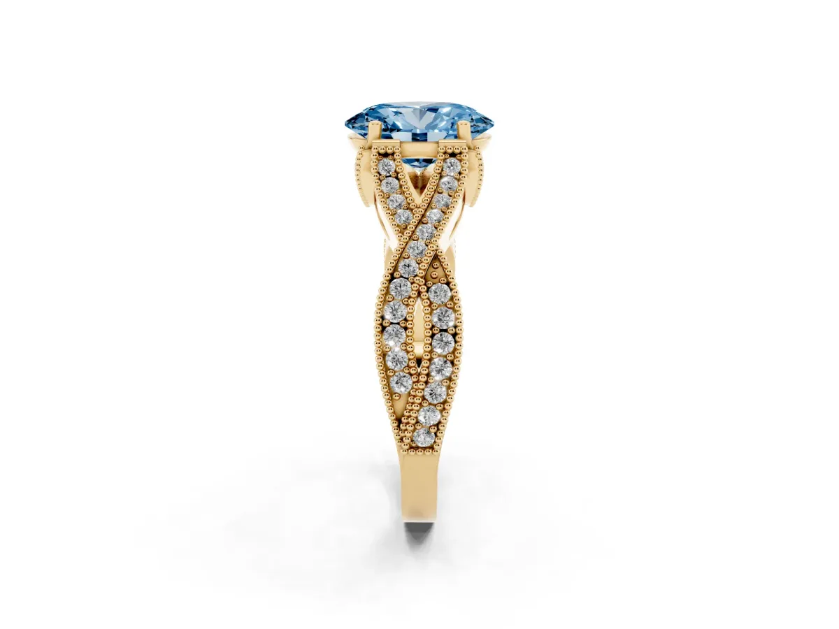 Fancy Blue Oval Cut Cut Diamond Twisted Band with Milgrain Pave Setting and Four-Prong Setting Yellow gold